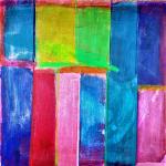 Abstract painting with a lot of different colours organised in strips.