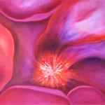 Abstract painting of some shapes reminding you of a pink rose when it is open.